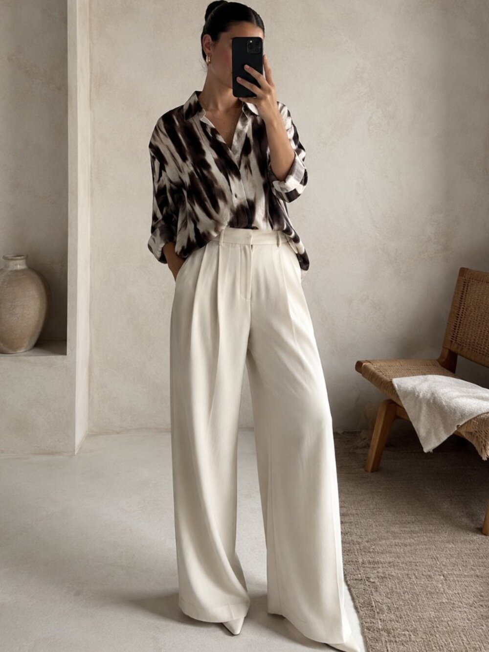 Rachel Roy Oversized Abstract Print Blouse L Relaxed Draped Shirt Brown Cream